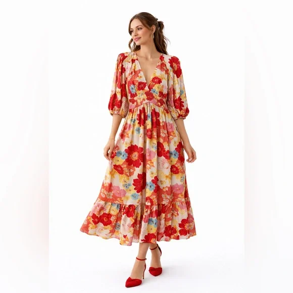 Bohme Floral Smocked Waist Boho Maxi Dress | V-Neck Romantic Print - Picture 2 of 11